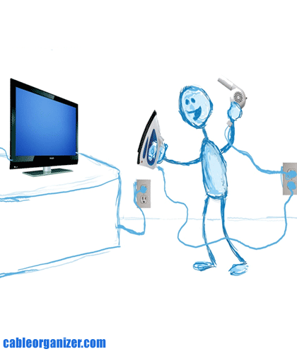 guy holding a hair dryer, iron in front of tv